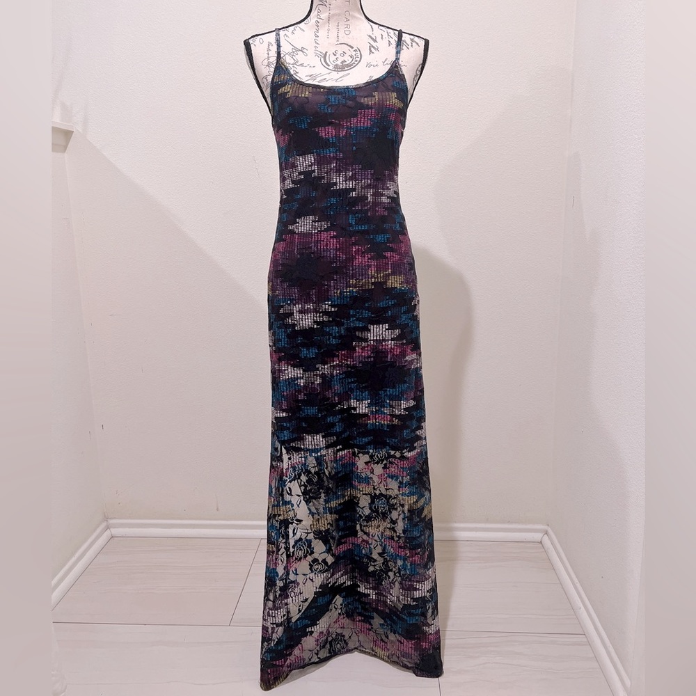 Fire Los Angeles Aztec digital print stretch mesh Cutout maxi Dress size M. NWOT